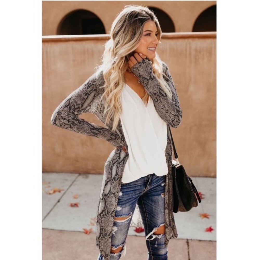 Snakeskin Print Cardigan Duster Sweater (S)